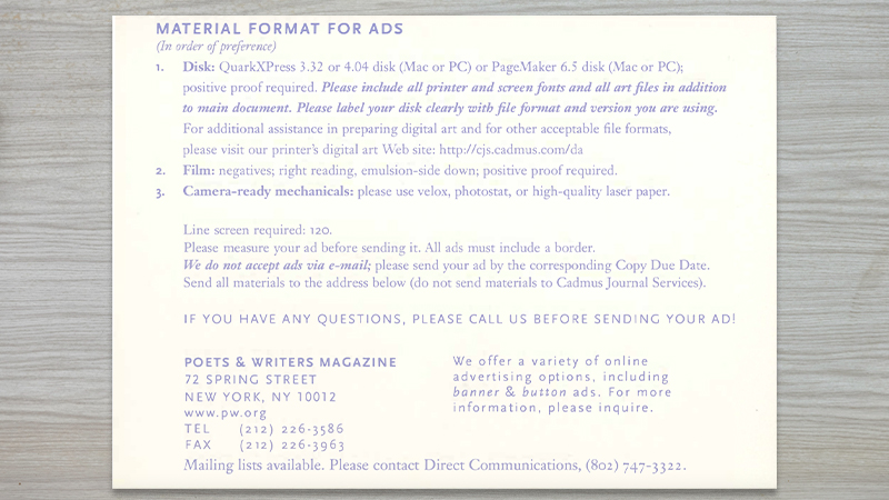 gallery image of Poets & Writers Advertising Card